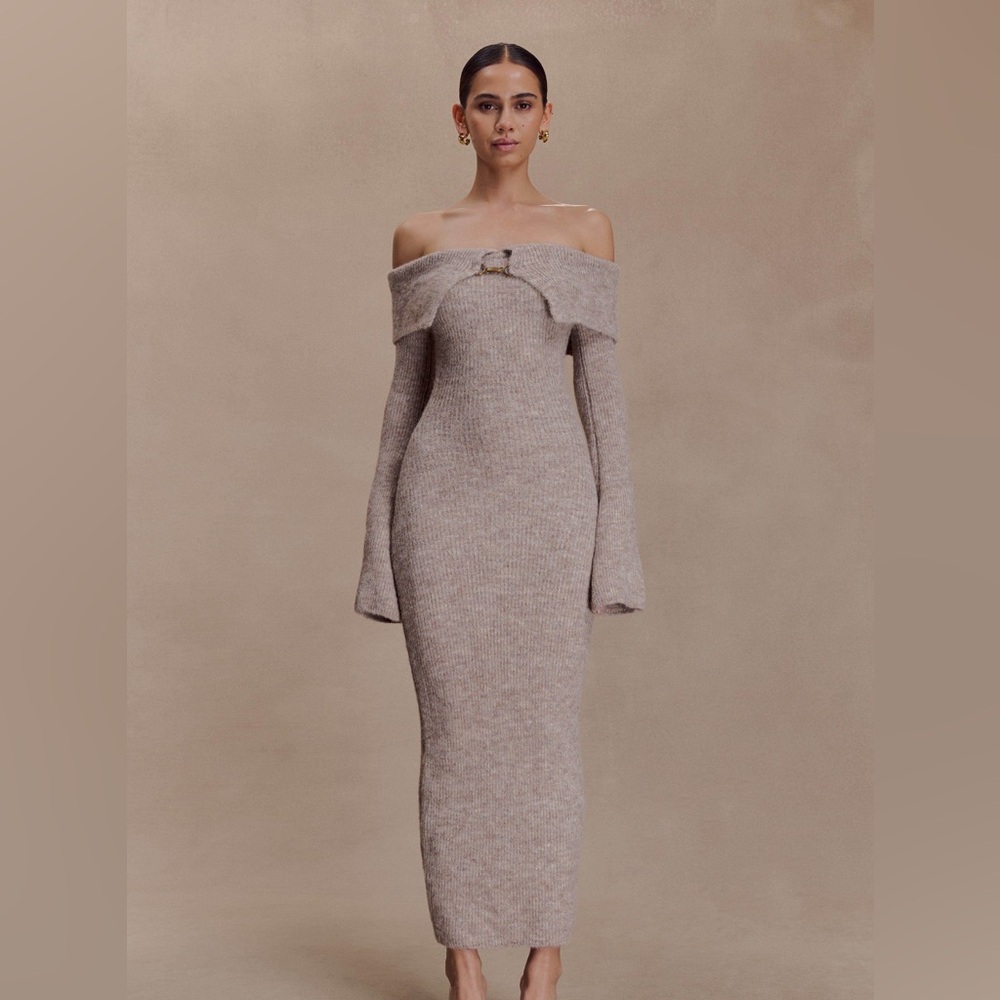 MESHKI Baxter Off Shoulder Fluffy Knit Midi Dress - Taupe Marle XS